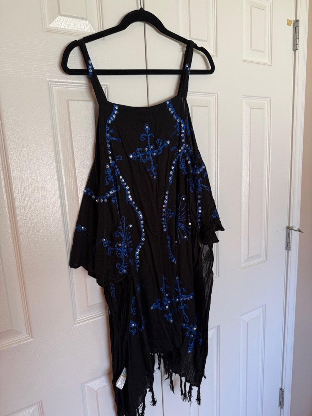 Swimsuit coverup- Black Cold-Shoulder Embroidered Fringe Dress with Blue Sequins